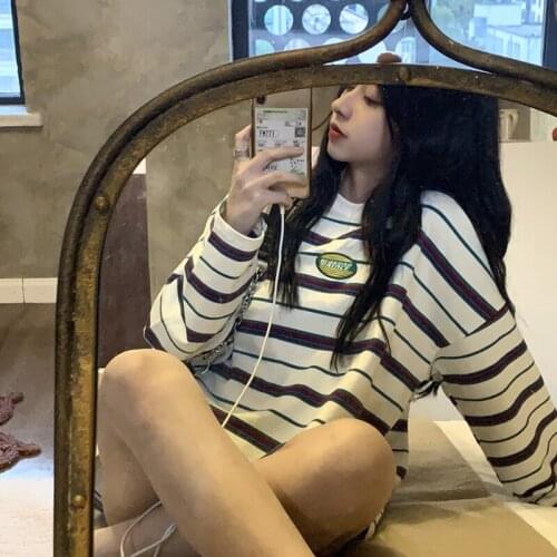 2021 Spring And Autumn Basic Striped Cotton Long-Sleeved T-Shirt Female Harajuku Style Aesthetic Korean Fashion Girls Top