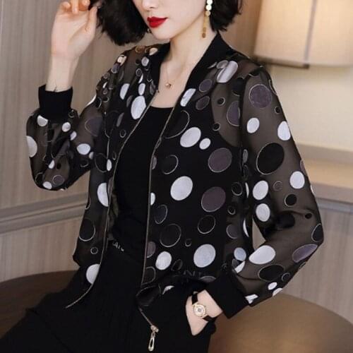2021 Summer New Women Korean Long Sleeve Round Neck Zipper Sunscreen Baseball Jacket Black Polka Dot Casual Loose Coat Y34