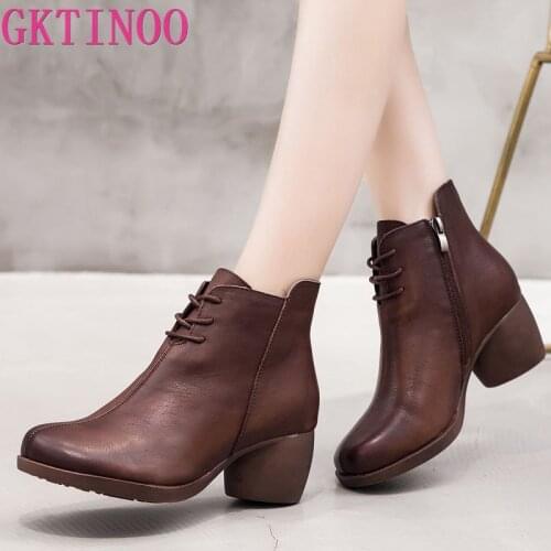 GKTINOO New High Quality Women Ankle Boots Handmade Genuine Leather Woman Boots Round Toe Lace Up Shoes Female Footwear