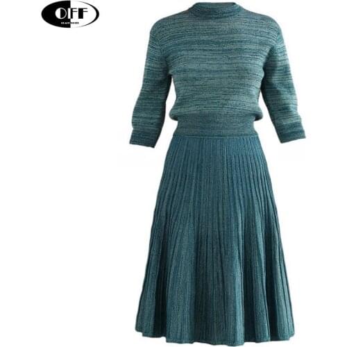 Italy Style Spring Women Suit Half Sleeve Knit Top Pleated Skirt Two-Piece Set Lady Elegant elasticity knitting pullover Skirts