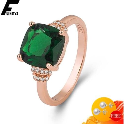 Classic Rings 925 Silver Jewelry Accessories with Emerald Zircon Gemstone Rose Gold Color Finger Ring for Women Wedding Party