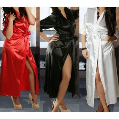 Women´s Fashion Sexy Lingerie Long Silk Kimono Dressing Gown Bath Robe Babydoll Nightdress Black Red White Nightgowns Sleepdress