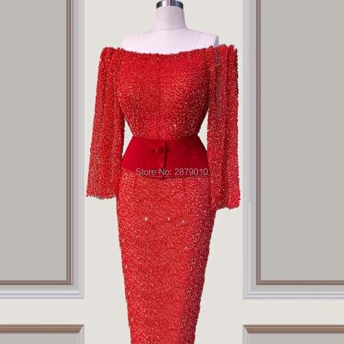 Boat Neck Elegant Red Evening Dresses Sheath Floor Length Sash Beads Sequins Robe De Soiree Aibye Prom Dress Middle East Dubai