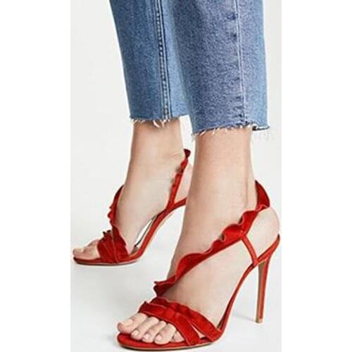 Sexy Woman Red Suede Ruffles Straps Thin Straps Sandals Thin High Heel Cutout Open Toe Summer Party Dress Shoes
