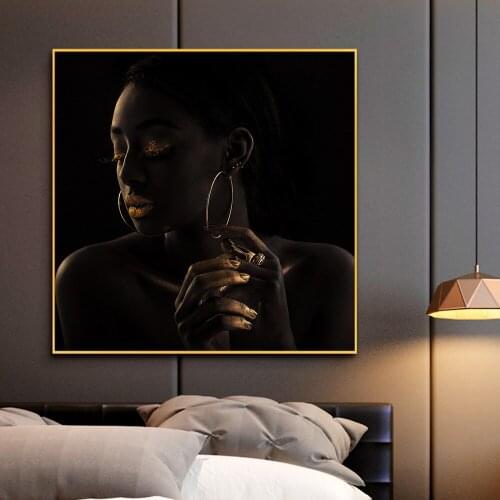 African Art Gold and Black Women Wall Art Paintings Sexy Portrait Canvas Print Figure Painting For BedRoom Wall Decoration