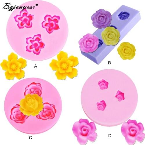 Byjunyeor Epoxy UV Resin Rose Flower Silicone Mold Fondant cake decorating tool chocolate sugar art displays 4pcs/set