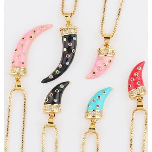 45cm Top Quality Women Girls Colorful Shiny Horn Necklace Gold Charm Pink Red Moon Pendants Copper CZ Choker Hip Hop Jewelry