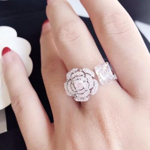 Pure 925 Sterling Silver Jewelry For Women Camellia Flower Rings CZ Diamond Rings Wedding Jewelry Engagement Rose Ring Luxury