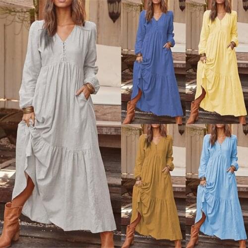 2021 Autumn Winter Cotton Long Dress Retro Solid Plus Size Robe with Lantern Sleeve and Pocket Pleated Big Swing Casual Dresses