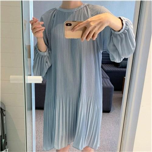 Elegant Women Pleated Party Dress New 2020 Spring summer Long Sleeve O Neck Chiffon Loose Party Dresses Office Female Vestidos
