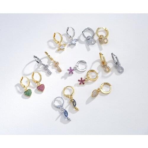 HECHENG,1 Pair,Charm Earrings For Women,Cooper CZ Dangle Earrings,Flower Bird Heart Key Shape Jewelry