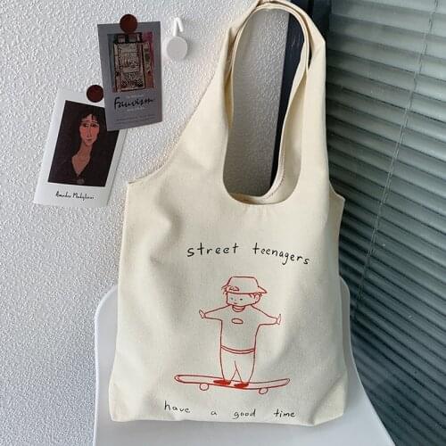 Illustration Women Canvas Shoulder Shopper Bags Reusable Shopping Bag Cotton Cloth Tote Bags for Women 2020 Cute student Handbag