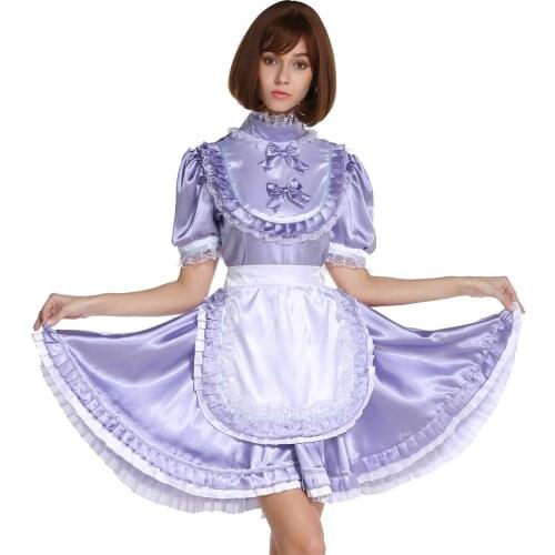 Hi Neck Frilly Sissy Lockable Lavender Satin Dress Costume Crossdress Cosplay