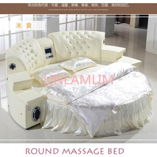 Genuine Leather multifunctional massage bed frame round Nordic camas ultimate bed LED light Bluetooth speaker safe TV USB charge