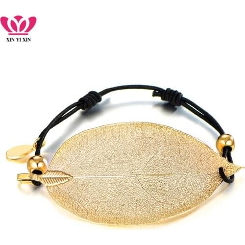 Real Leaf Made Golden Plated Charm Bracelets Elastic Rope Adjustable String Chain Silvery Leaf Charms Bracelet Women Best Gifts