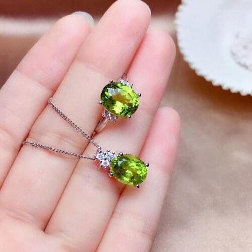 Natural green peridot gem party jewelry sets natural olivine ring necklace S925 silver fashion round Flowers girl gift jewelry