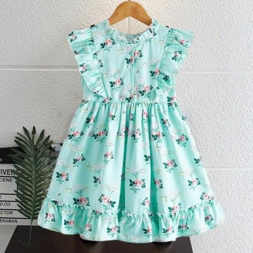 New Summer Kids Girl Dress 3-7T Printing Ruffle Hem Green Girls Lacework Collar Dresses Children Clothes for Vacation