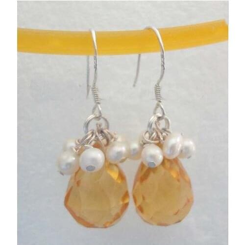 New Arrival Favorite Pearl Earrings Teardrop Yellow Crystal Faceted Earrings Dangle White Cultured Pearl Women Jewelry Lady Gift