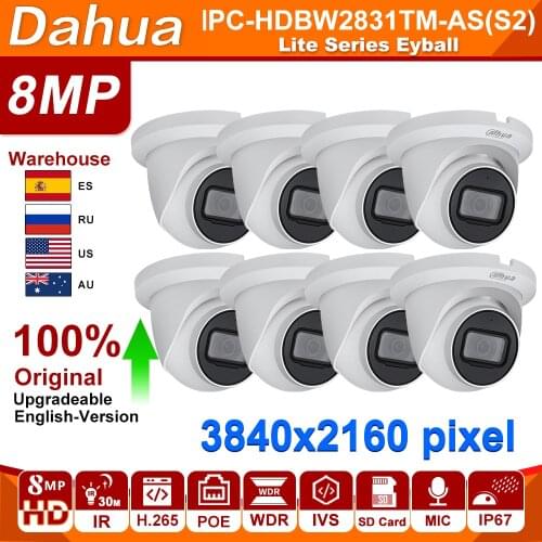 Dahua Original starlight 8MP 4k IP camera outdoor indoor IPC-HDW2831TM-AS-S2 IPC IR30m H.265 MIC IVS webcam 8pcs lot wholesale