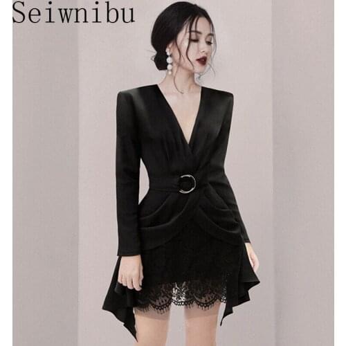 Autumn Black V-Neck Slim Waist Belt Long Sleeve Satin Blazer Jacket + Bodycon Ruffles Patchwork Lace Mini Skirt Two-piece Suit
