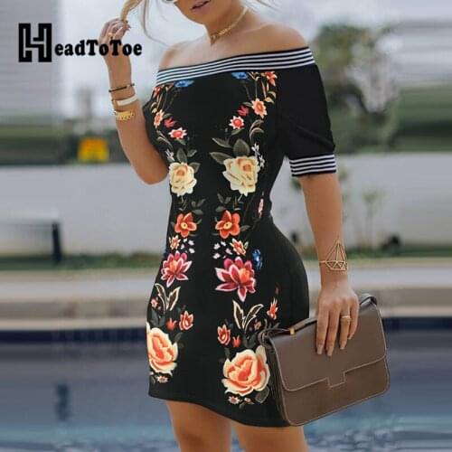 Off Shoulder Floral Print Striped Tape Colorblock Dress