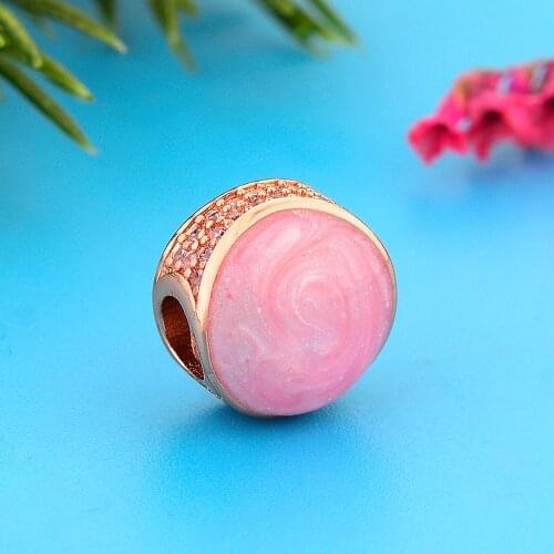 Fit Original Charm Bracelet Real 925 Sterling Silver Rose Gold Pink Enamel Convex Zirconia Bead For Making Women Berloque 2021