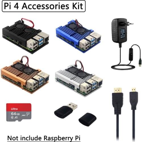 Raspberry Pi 4 Aluminum Case Kit Dual Fan Heatsink Power Adapter HDMI-compatible Cable Optional TF Card Reader for Pi 4