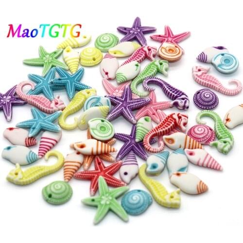 50pcs/lot Colorful Starfish Seahorse Conch Acrylic Charms For Jewelry Making DIY Necklace Multicolor Mixed Packaging Wholesale