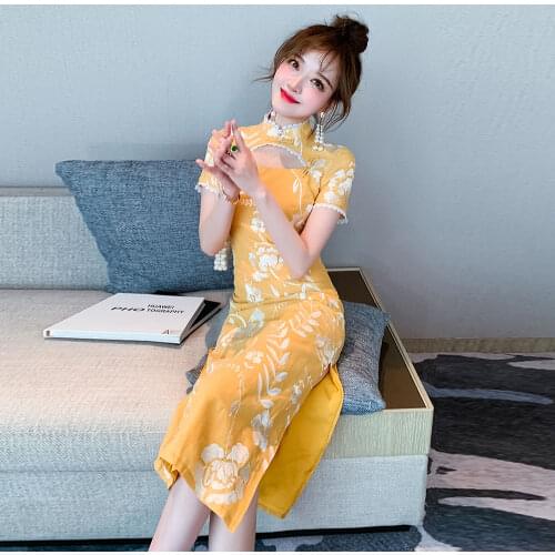 Chinese Style Traditional Qipao Dress For Ladies Vintage Elegant Yellow Color Cheongsams Dresses Women Chic Party Dress