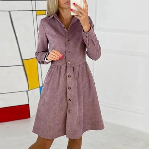 Vintage Corduroy Dress Shirt Robe for Women A-line Dress Autumn Winter Elegant Dresses Khaki Dress Women Clothing 2021