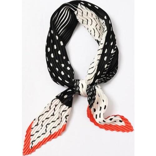 Yishine 55*55cm Patchwork Dot Stripes Print Pleated Stretchy Square Crinkle Silk Satin Scarf Women Crumple Neckwear Handkerchief