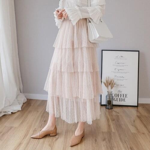 2021 New Spring Summer Women Tulle Pleated Skirt Elegant High Waist Female Polka Dot Midi Skirt Black Ladies Casual Long Skirts