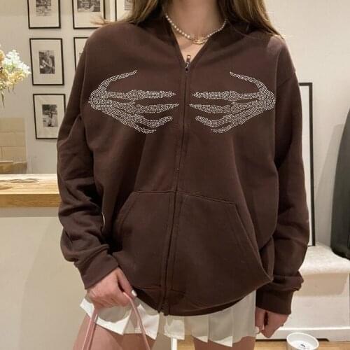 2021 Autumn Spring Rhinestone Women Long Sleeve Sweatshirt Hoodis Zipper Loose Oversized Streetwear Casual Jackets Outwear Tops