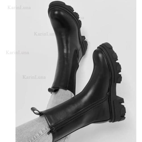 Luxury Brand Female Boots Square Heel Black Gothic Style Cool Med Heel Ankle Boots Platform 2021 Mid-Calf Fashion Women Shoes