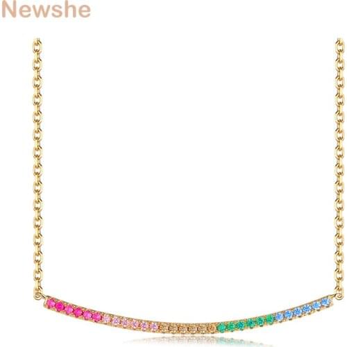 Newshe Colorful Cubic Zirconia Bar Pendant Necklace For Women 925 Sterling Silver Chain Yellow Gold Color Jewelry