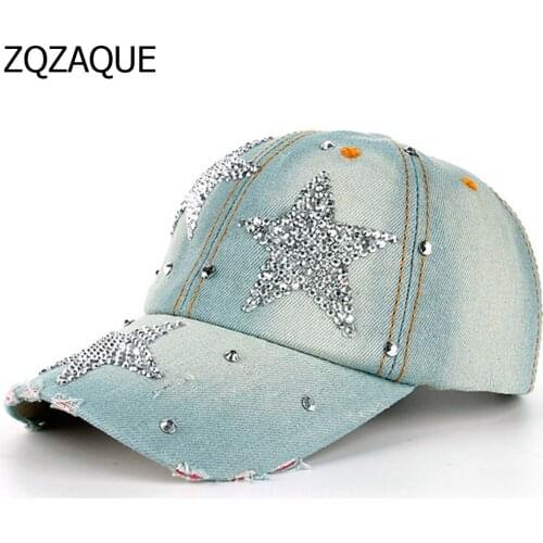 100% Manural Drill Five-pointed Star Decorated Caps Womens Rhinestone Denim Baseball Caps Casual Girls' Summer Nice Hats SY577