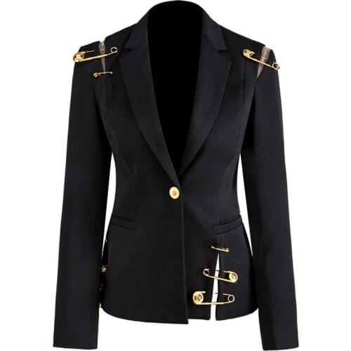 2020 High Street Stylish Women Blazer Single Button Mesh Patchwork Pin Slim Quality Black Women Mini Blazers