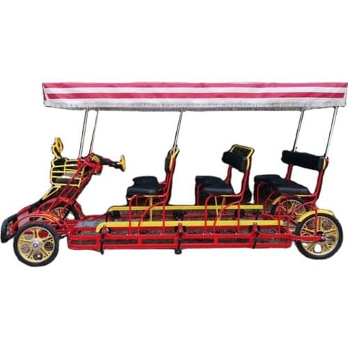 4 Wheel 6 Seats Pedal Bicycle Frame Bikes Tandem Rickshaw Surrey Sightseeing Road Bike Passenger Car With Awning