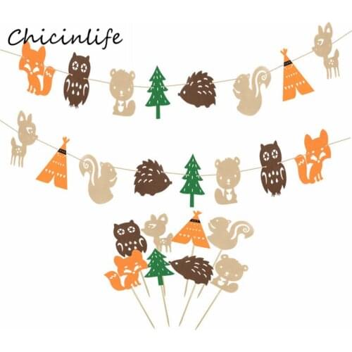 Chicinlife Fox Squirrel Owl Bunting Banner Garland Jungle Animal Cupcake Topper Kids Birthday Party Decoration Woodland Party