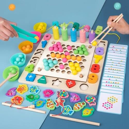 Montessori Wooden Toy Brain Training Clip Beads Puzzle Fishing Board Math Game Memory Chess Christmas Toy