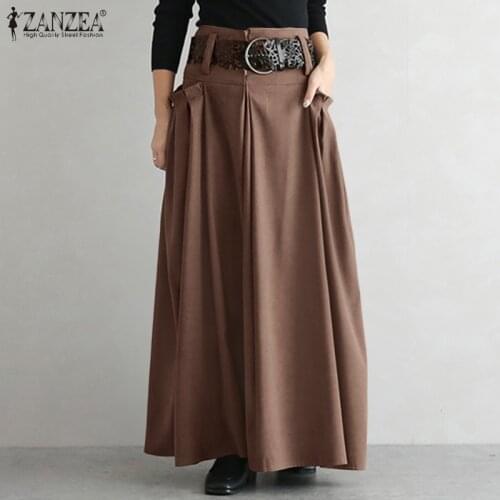 ZANZEA 2021 Elegant Spring Pleated Skirts Womens High Waist Sundress Casual Maxi Vestidos Female Zipper Bow Robe Plus Size 5XL