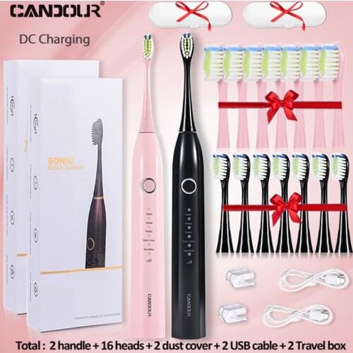 CANDOUR Sonic Electric Toothbrush USB Rechargeable 15 Modes Smart Ultrasonic Toothbrushes Travel Case IPX8 Brush 16 Teeth Heads