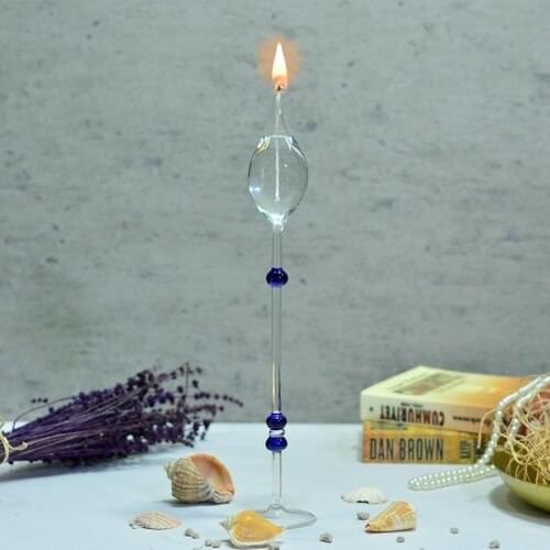 Flovart Pedestal Glass Oil Lamp Çişil Blue-Oil lamp butter Gift