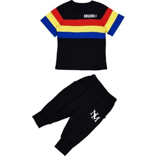 Big Boys Summer Sets Color Rainbow Stripes Letters Loose Fit T-shirts+Shorts 2PCS Clothing Sets Hip Hop Dancer Woven Belts Sets