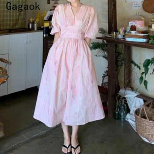 Gagaok Women Vintage A-Line Dress 2020 Summer New 2020 Summer V-Neck Lantern Sleeve Short Print Dresses Loose Chic Vestidos