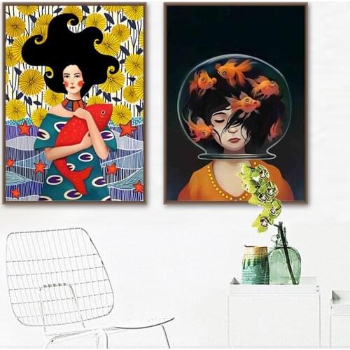 Girl Carp Goldfish Stars Flower Fish Tank Wall Art Canvas Painting Nordic Posters And Prints Wall Pictures For Living Room Decor