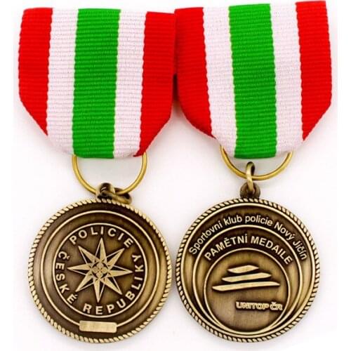 Custom metal medal with ribbons factory to produce plating antique gold medals with ribbons badge