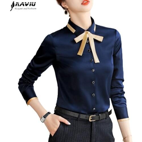 New Fashion Women Chiffon Shirt Spring Formal Elegant Bow Patchwork Blouse Office Ladies Work Plus Size Tops Navy Blue White