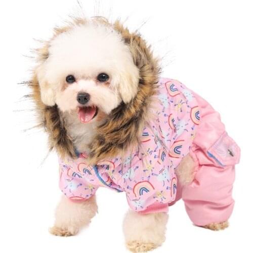 Dog Clothes with Hat Fur Collar Four-leg Down Cotton-padded Clothes Soft Comfortable Warm Pet Clothes Winter