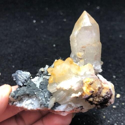 82.4gNatural white crystal column and wolframite paragenesis mineral sample QUARTZ GEM home decoration collection